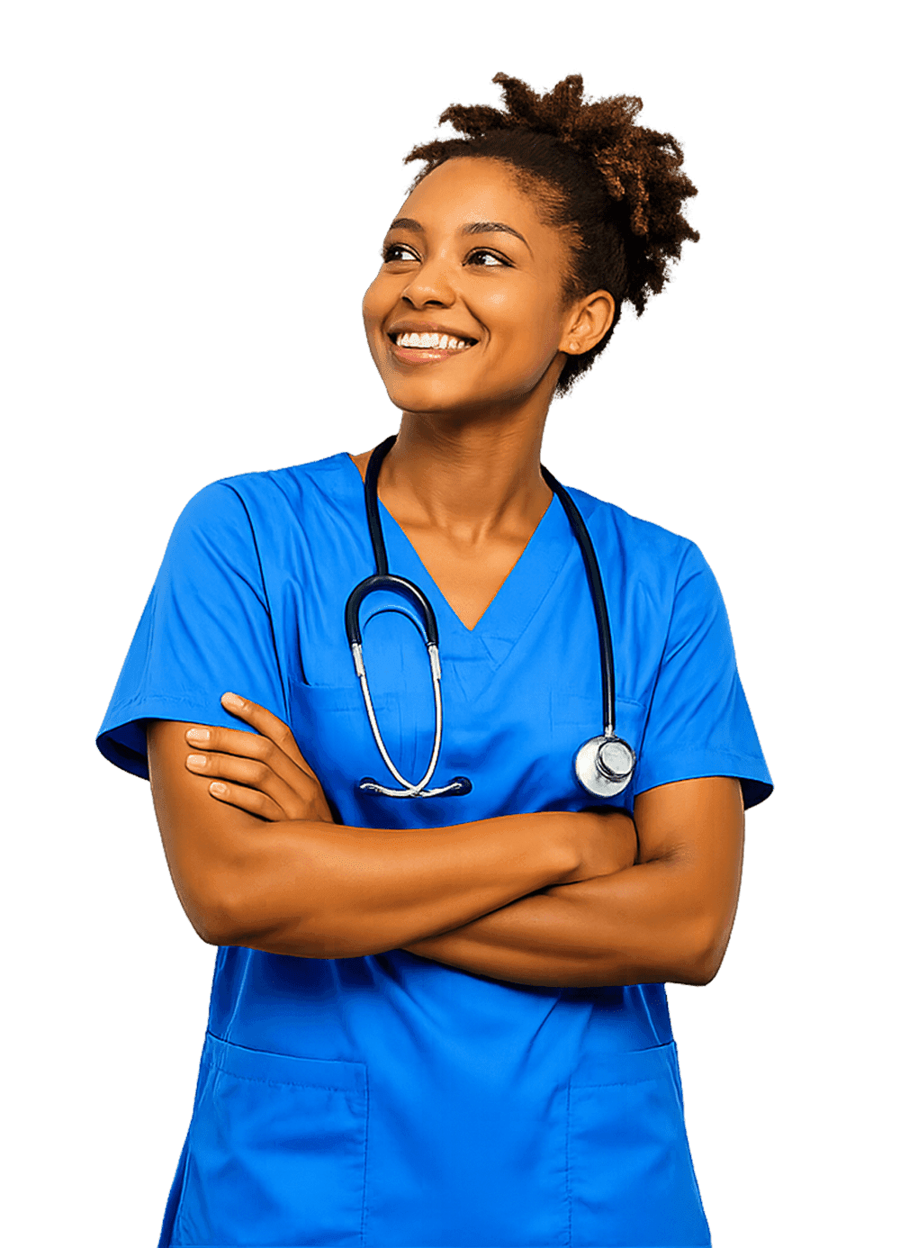 Nurse smiling in blue scrubs