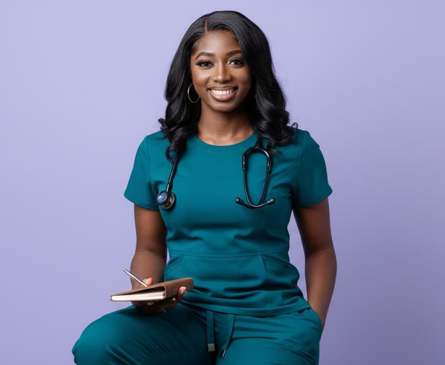 Oluwatosin in teal scrubs with notepad